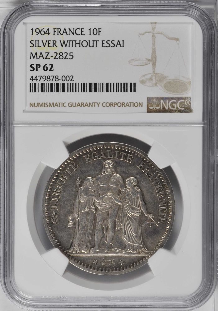 FRANCE. 10 Francs Essai in Silver, 1964. NGC MS-62., SP62 - PCGS