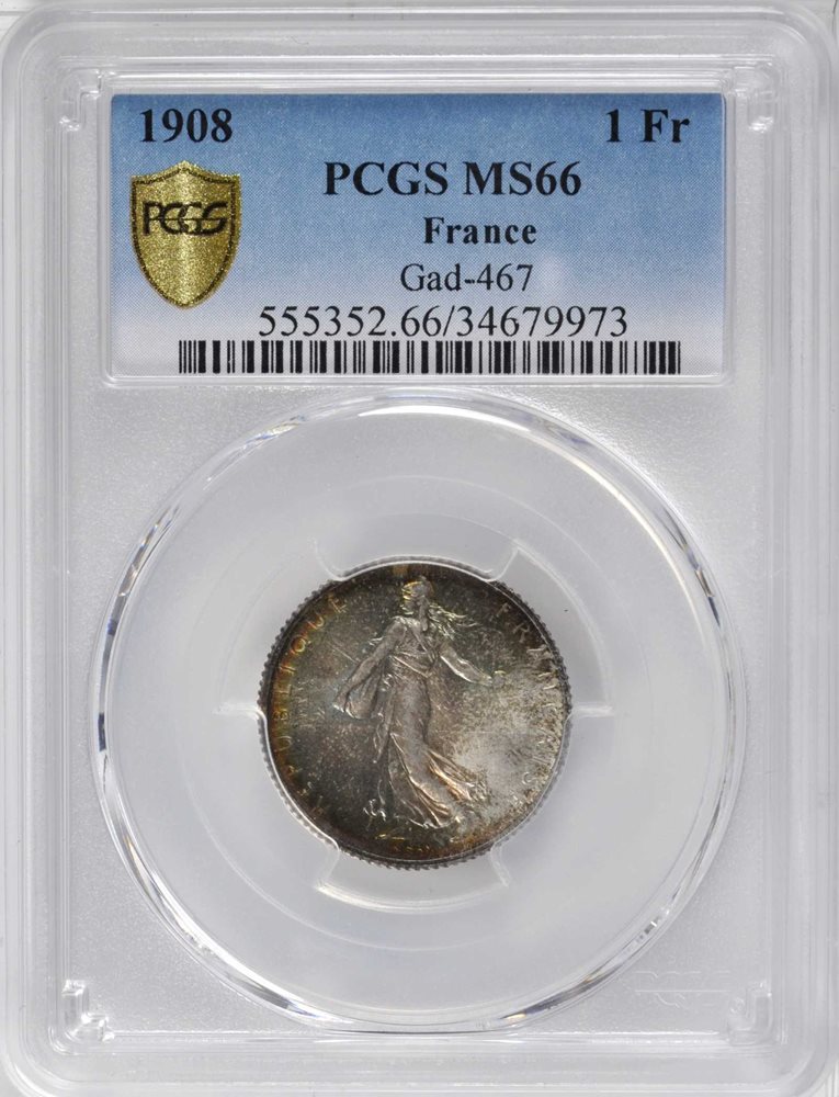 FRANCE. 1 Franc, 1908. Paris Mint. PCGS MS-66 Secure Holder., MS66