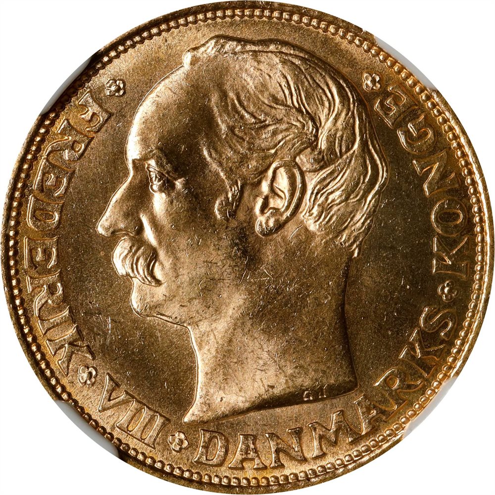 DENMARK. 20 Kroner, 1908-VBP-GJ. Copenhagen Mint. Frederik VIII