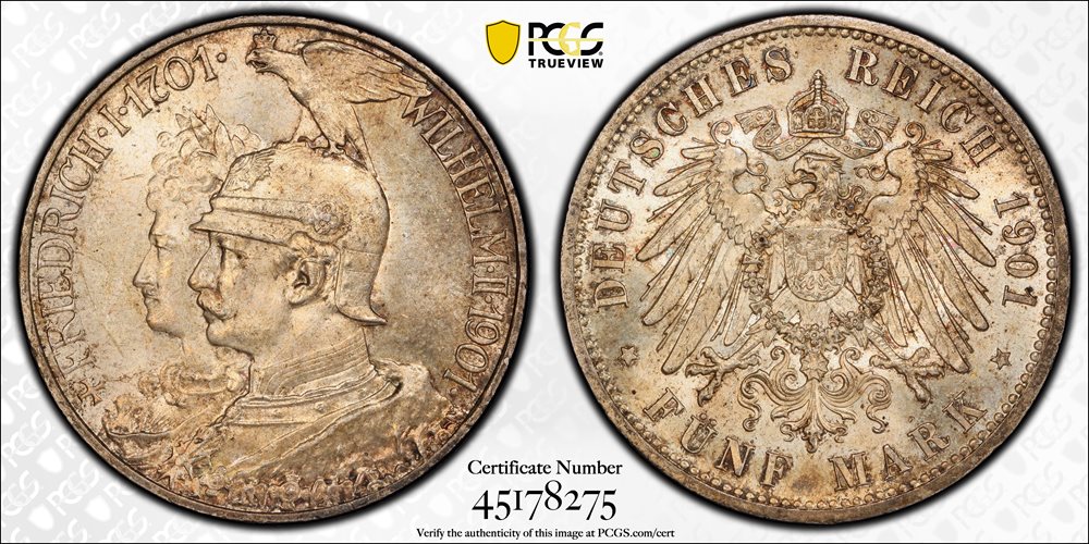 1901年 プロイセン 5マルク 銀貨 PCGS MS64 GERMANY. Prussia. 5 Mark, 1901. Berlin Mint. Wilhelm II. PCGS MS