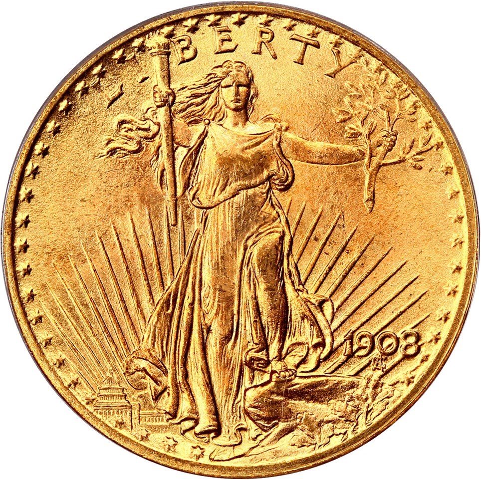 1908 $20 St Gaudens Dbl Eagle No Motto BU PCGS Prospector Label