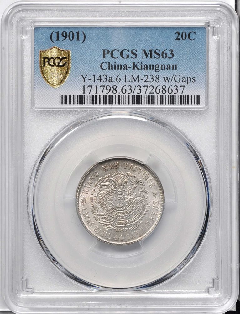 CHINA. Kiangnan. 1 Mace 4.4 Candareens (20 Cents), CD (1901). PCGS
