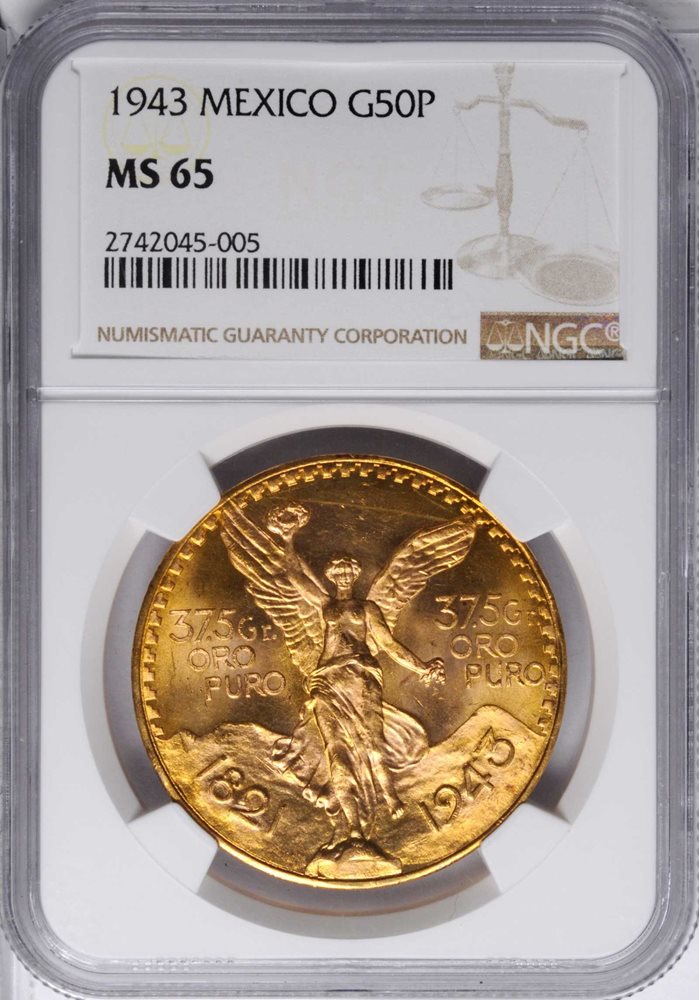 メキシコ1943年銀貨古銭、NGC/MS65 未使用　超美品非常に入手困難 メキシコ 50センタボ銀貨☆1943年／未使用／アンティークコイン