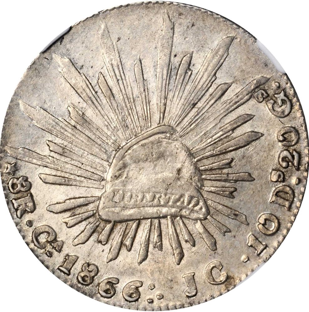 MEXICO. 8 Reales, 1866-Ca JC. Chihuahua Mint. NGC MS-61., MS61