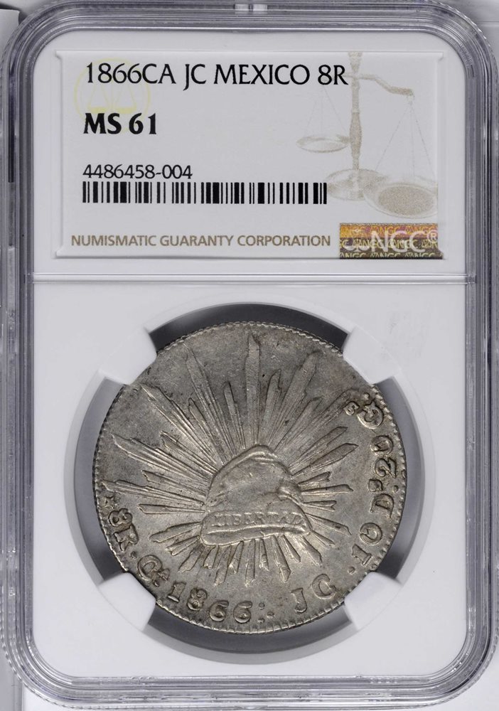 1868年 メキシコ 8レアル  PCGS MS61 MEXICO. 8 Reales, 1866-Ca JC. Chihuahua Mint. NGC MS-61., MS61