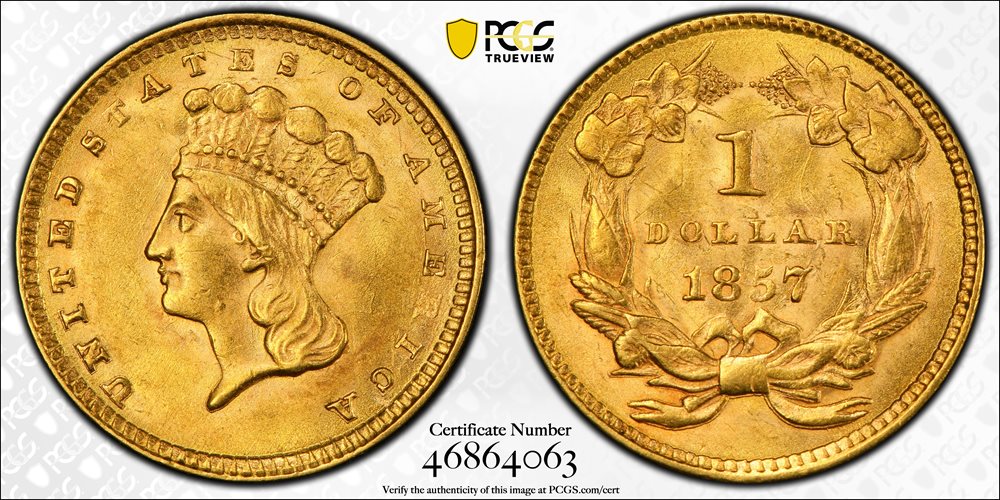 1857 Gold Dollar. MS-62 (PCGS)., MS62 - PCGS Auction Prices