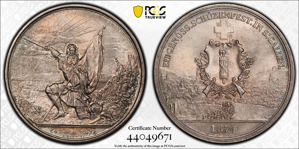 SWITZERLAND. St. Gallen Shooting Festival 5 Francs, 1874. PCGS MS