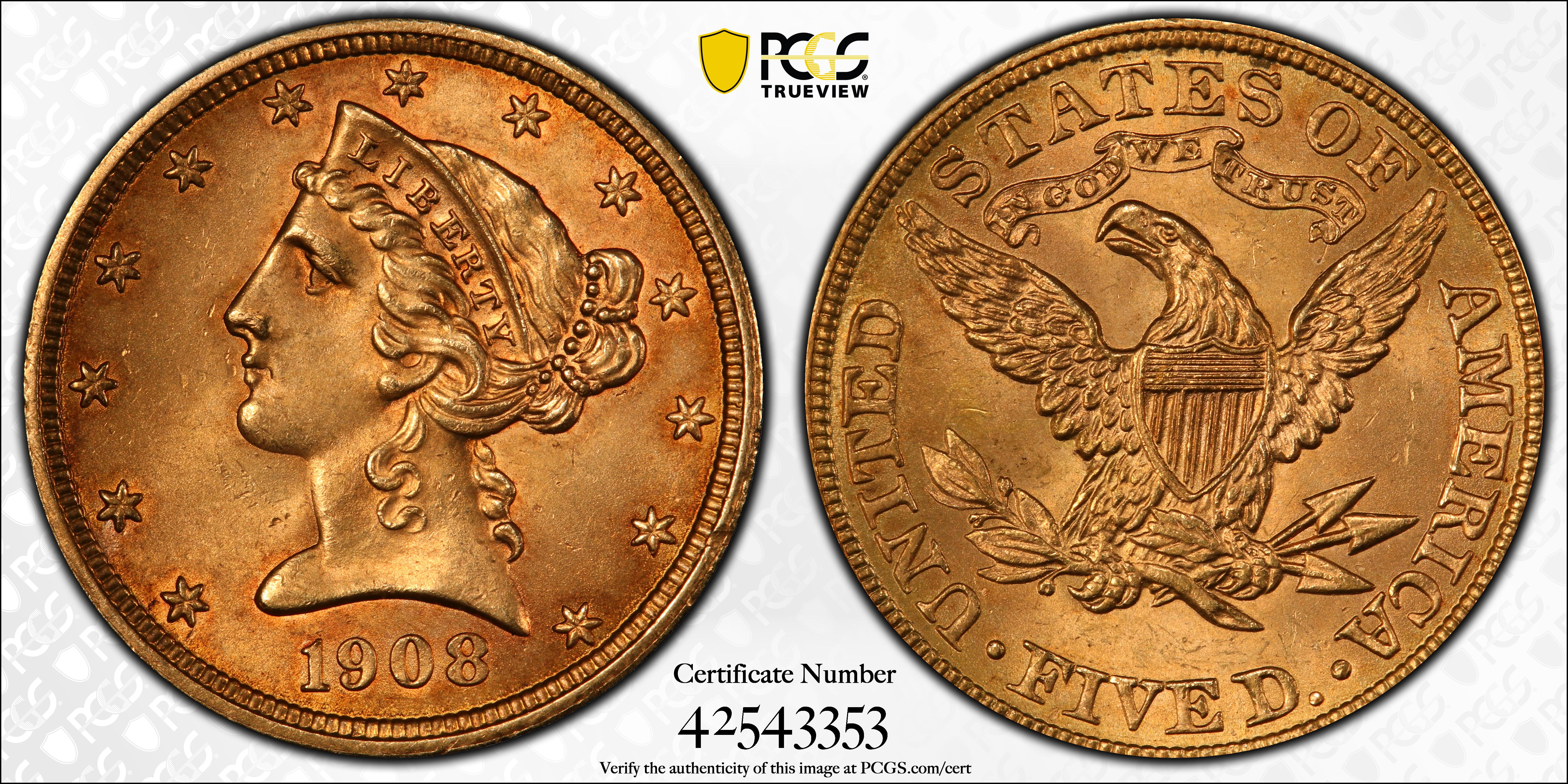 1908 Liberty Head Half Eagle. MS-64 (PCGS)., MS64 - PCGS Auction