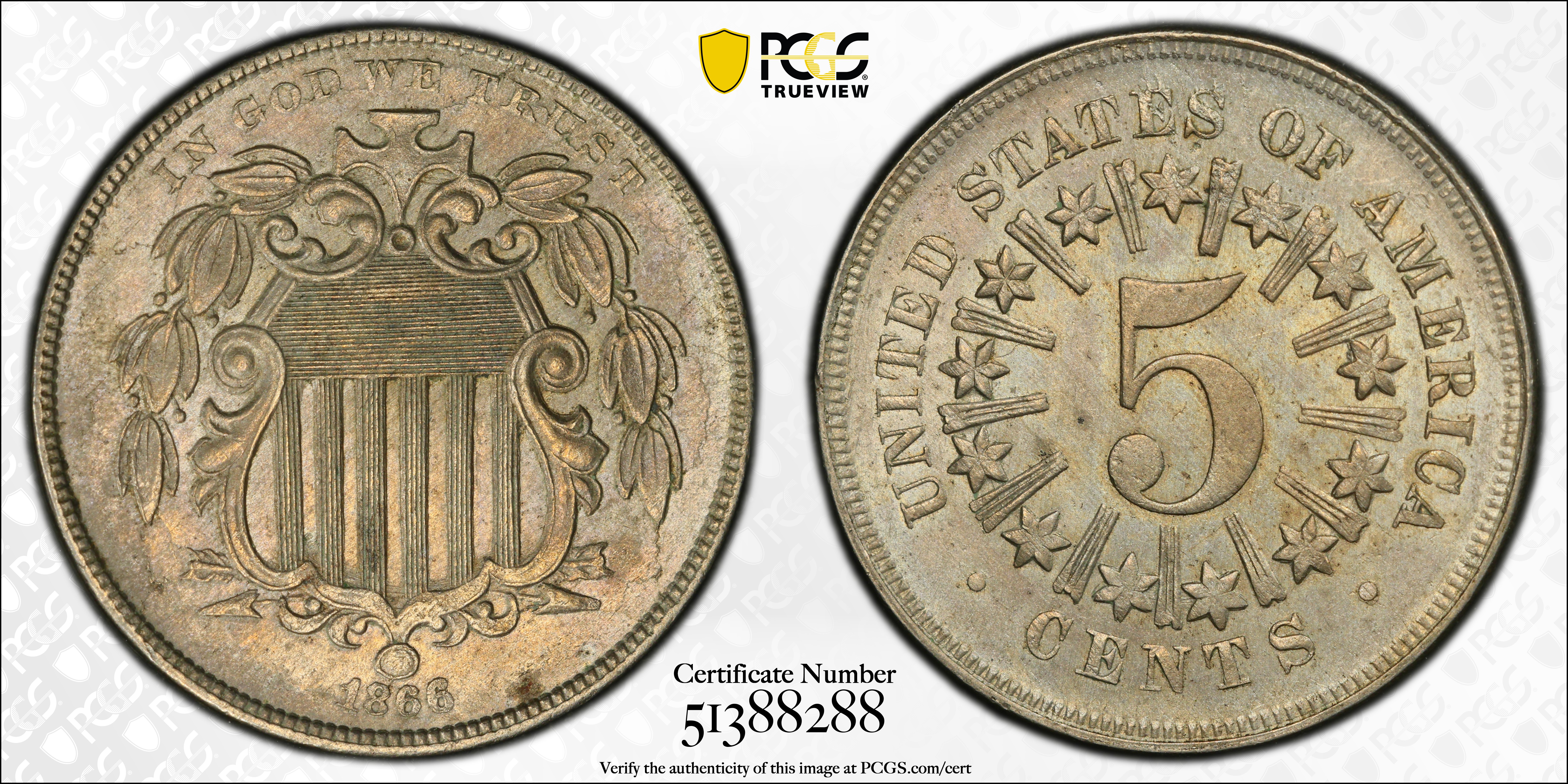 1866 Shield Nickel. Rays. MS-62 (PCGS)., MS62 - PCGS Auction Prices