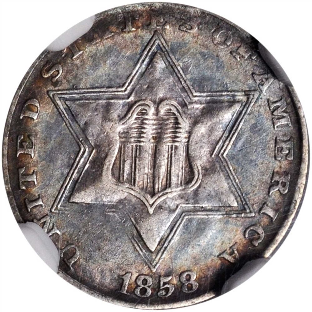1858 Silver Three-Cent Piece. AU-53 (NGC)., AU53 - PCGS