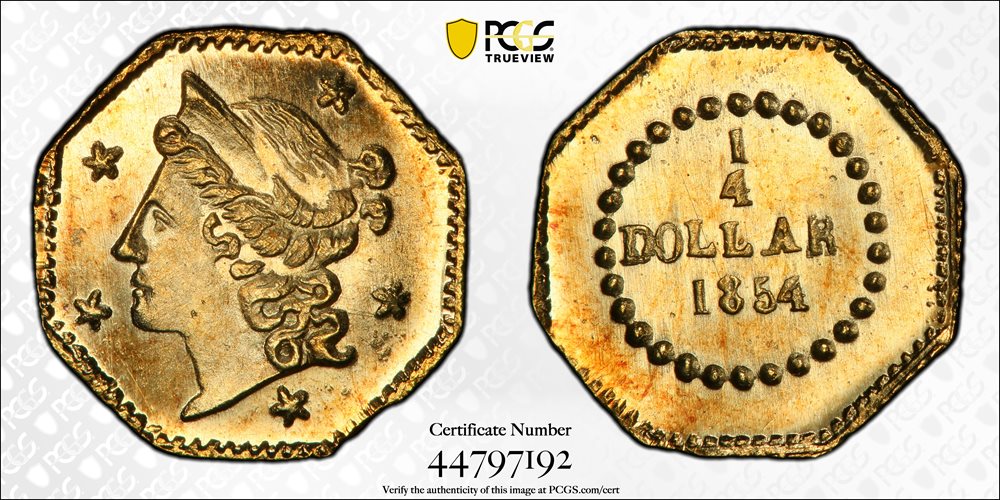 1854 Octagonal 25 Cents. BG-105. Rarity-3. Liberty Head. MS-67
