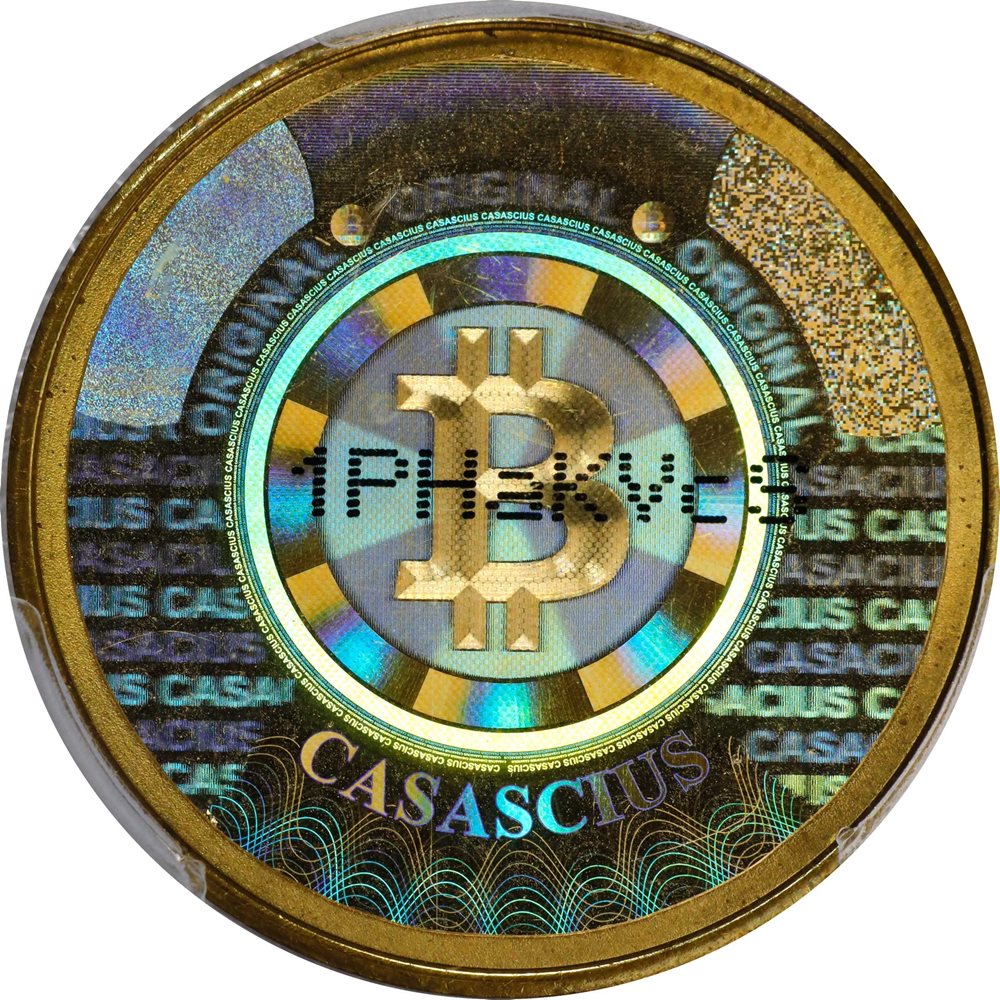 2011 Casascius 1 Bitcoin (BTC). Loaded. Firstbits 1PHaKVcS. Series 1.  CASACIUS Error. Brass. 28.5 mm. MS-65 (PCGS)., MS65 - PCGS Auction Prices