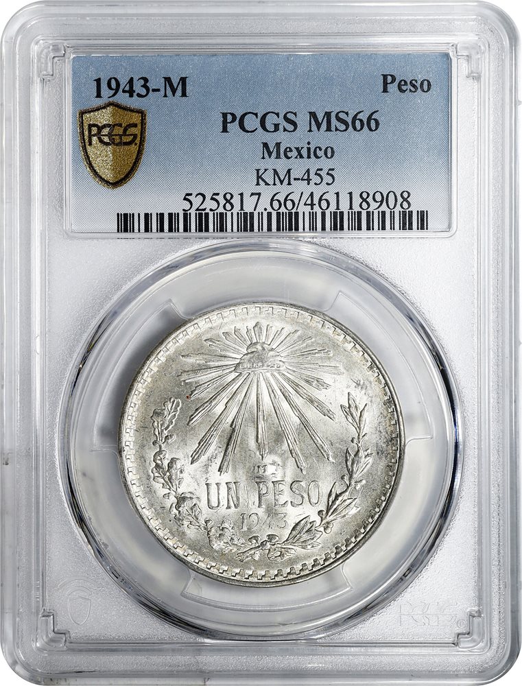 MEXICO. Peso, 1943-M. Mexico City Mint. PCGS MS-66., MS66 - PCGS