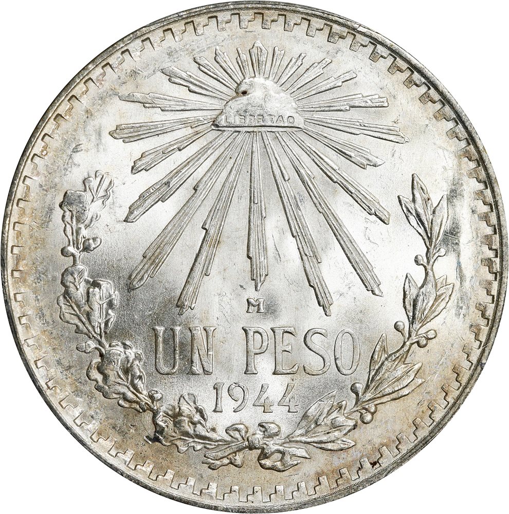 高鑑定　超レア1944年 メキシコ 1ペソ 銀貨 NGC MS 66 MEXICO. Peso, 1944-M. Mexico City Mint. PCGS MS-66., MS66 - PCGS