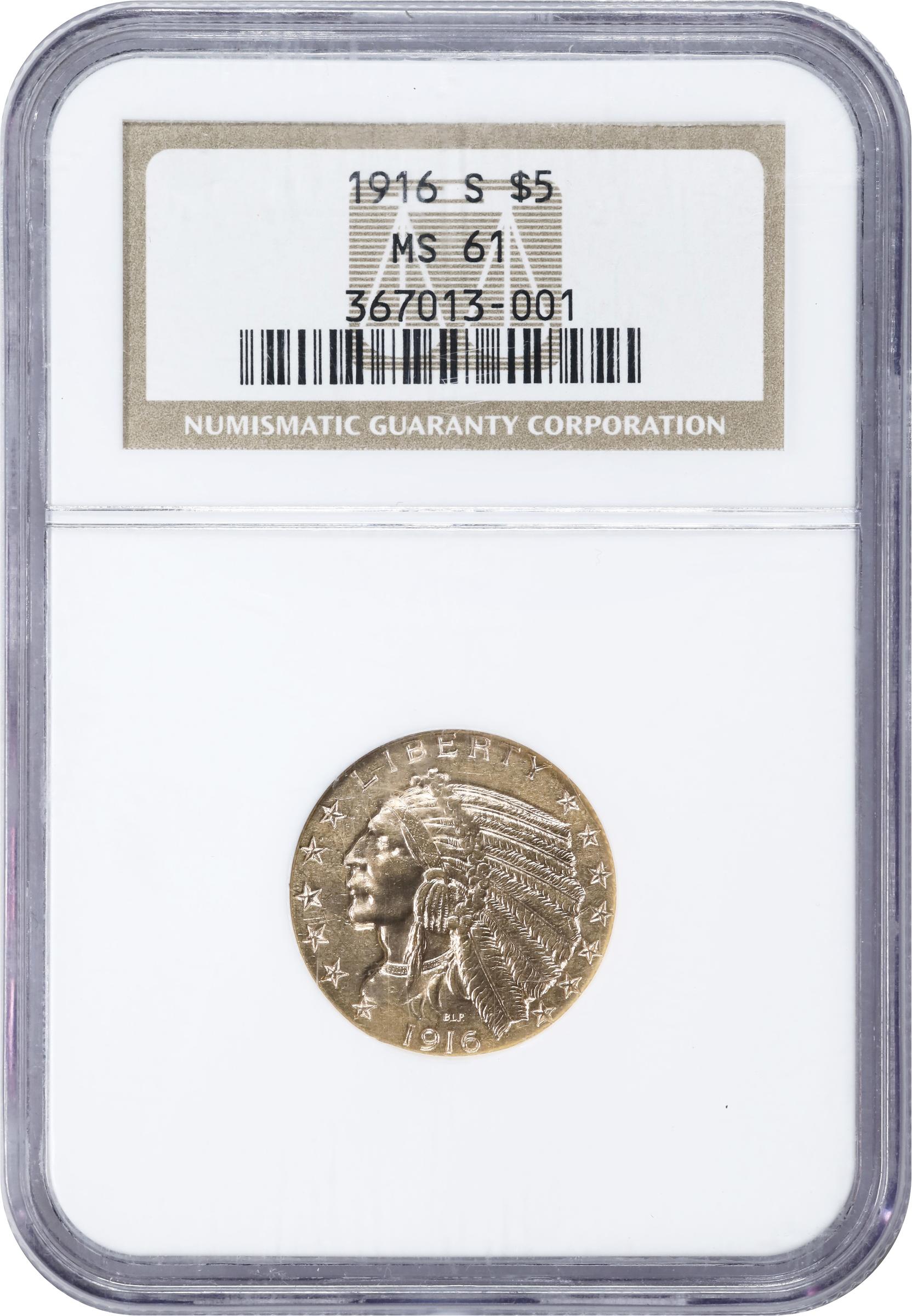 1916-S Indian Half Eagle. MS-61 (NGC)., MS61 - PCGS Auction Prices