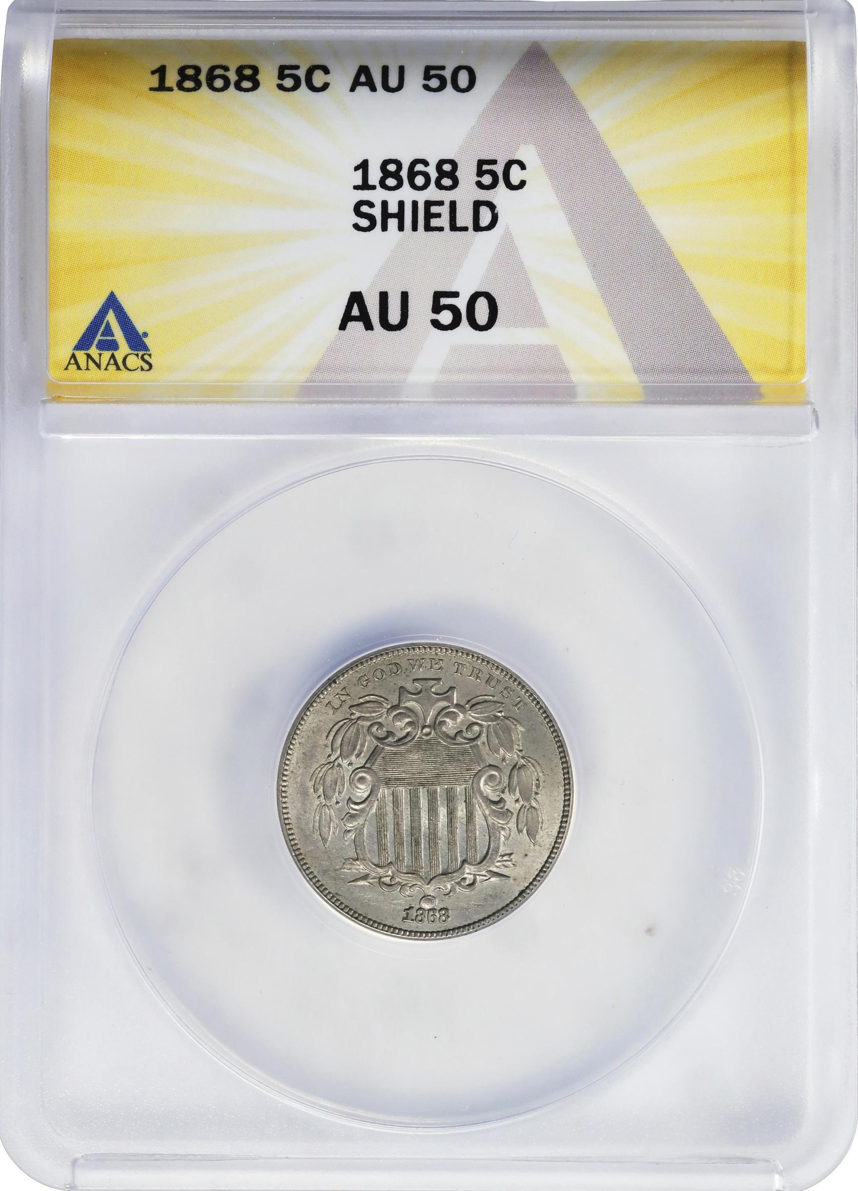 1868 Shield Nickel. AU-50 (ANACS)., AU50 - PCGS Auction Prices