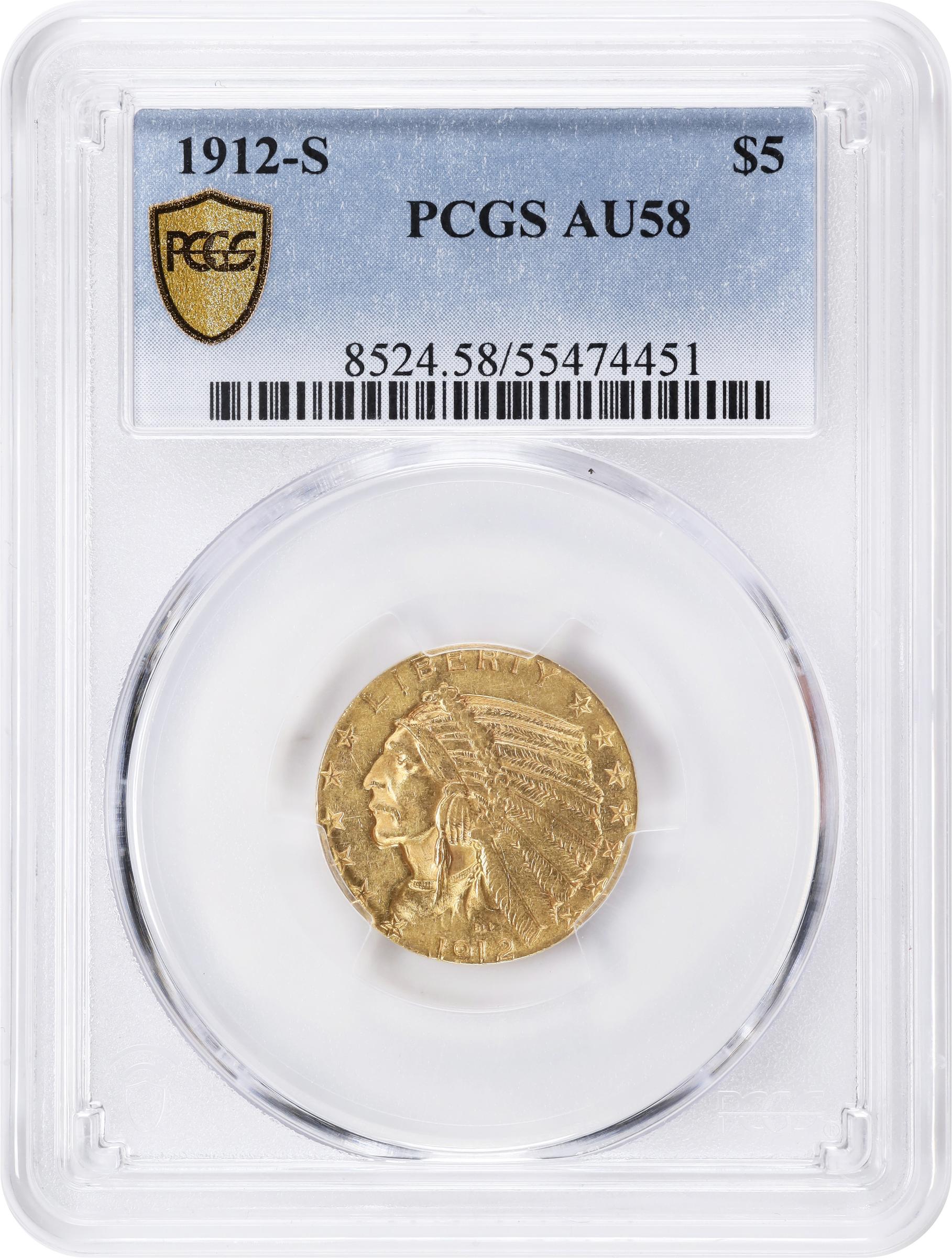 1912-S Indian Half Eagle. AU-58 (PCGS)., AU58 - PCGS Auction Prices