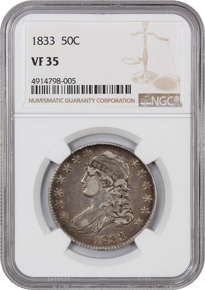 1833年アメリカ50セント銀貨　キャップドバストPCGS認定 1833 50c NGC VF35, VF35 - PCGS Auction Prices