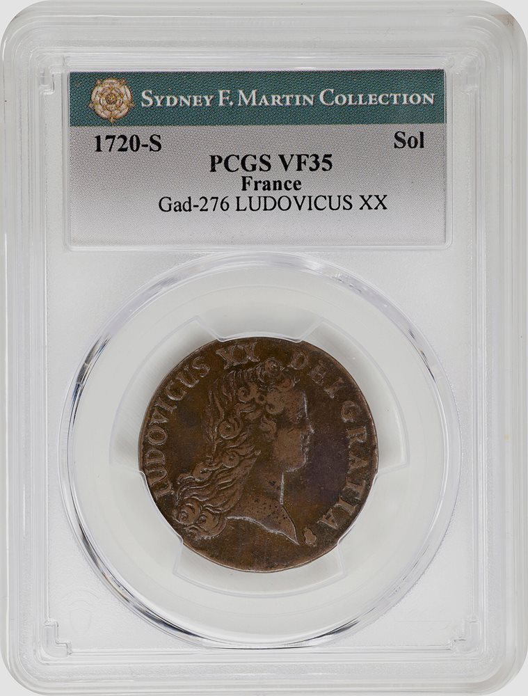 France. 1720-S Sol. Reims Mint. Gadoury-276. LUDOVICUS XX Error