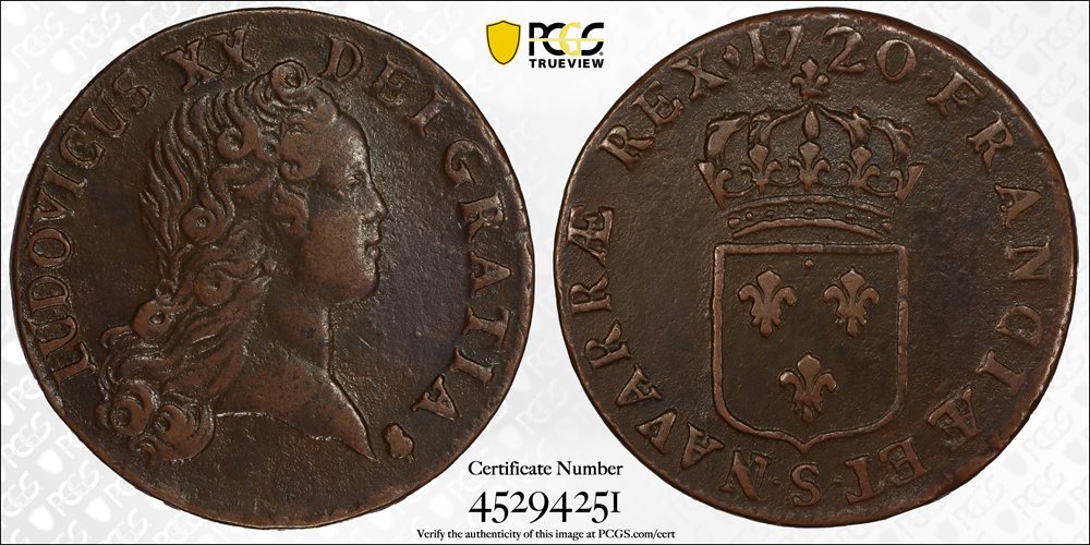 France. 1720-S Sol. Reims Mint. Gadoury-276. LUDOVICUS XX Error