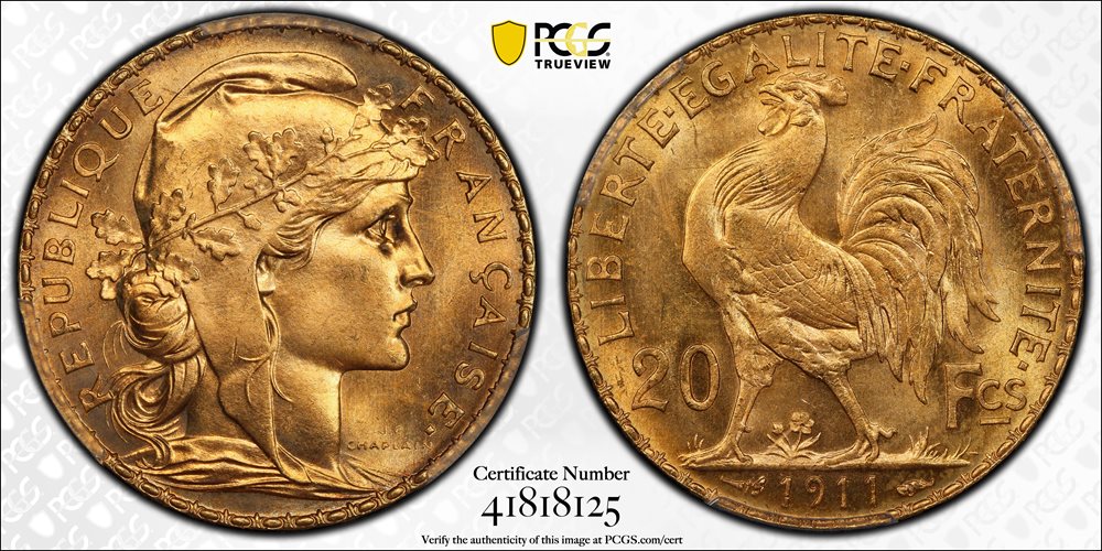 FRANCE. 20 Francs, 1911. Paris Mint. PCGS MS-66., MS66 - PCGS