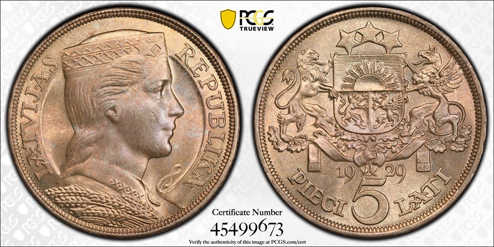 1929年 ラトビア 5ラッツ 大型銀貨 PCGS認証 ややトーン❗️ 【公式通販】