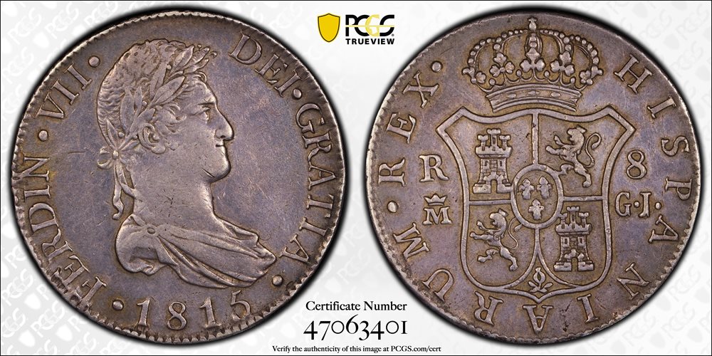 SPAIN. 8 Reales, 1815-M GJ. Madrid Mint. Ferdinand VII. PCGS EF-45