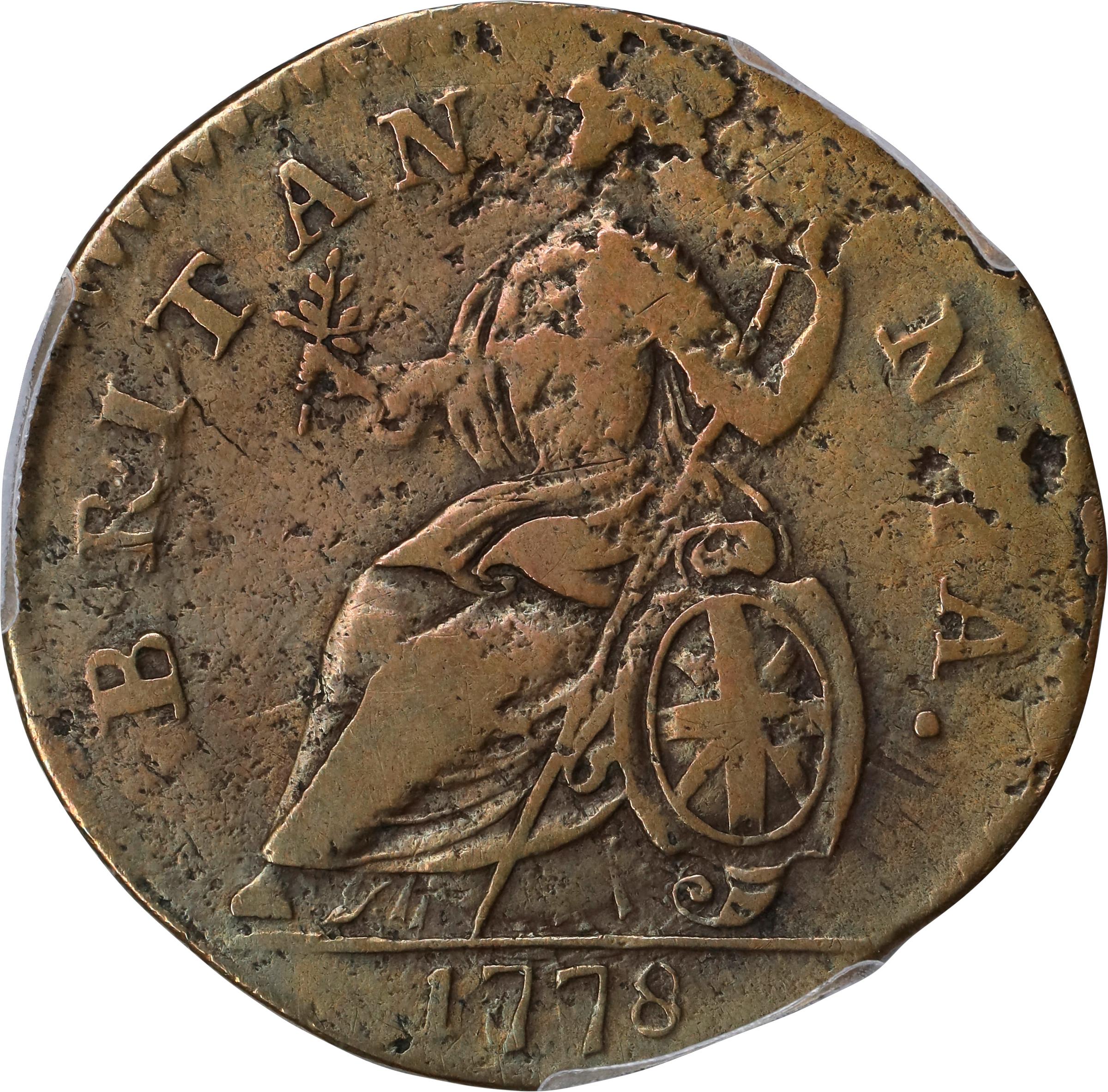 1778 Machin's Mills Halfpenny. Vlack 12-78B, W-7830. Rarity-3