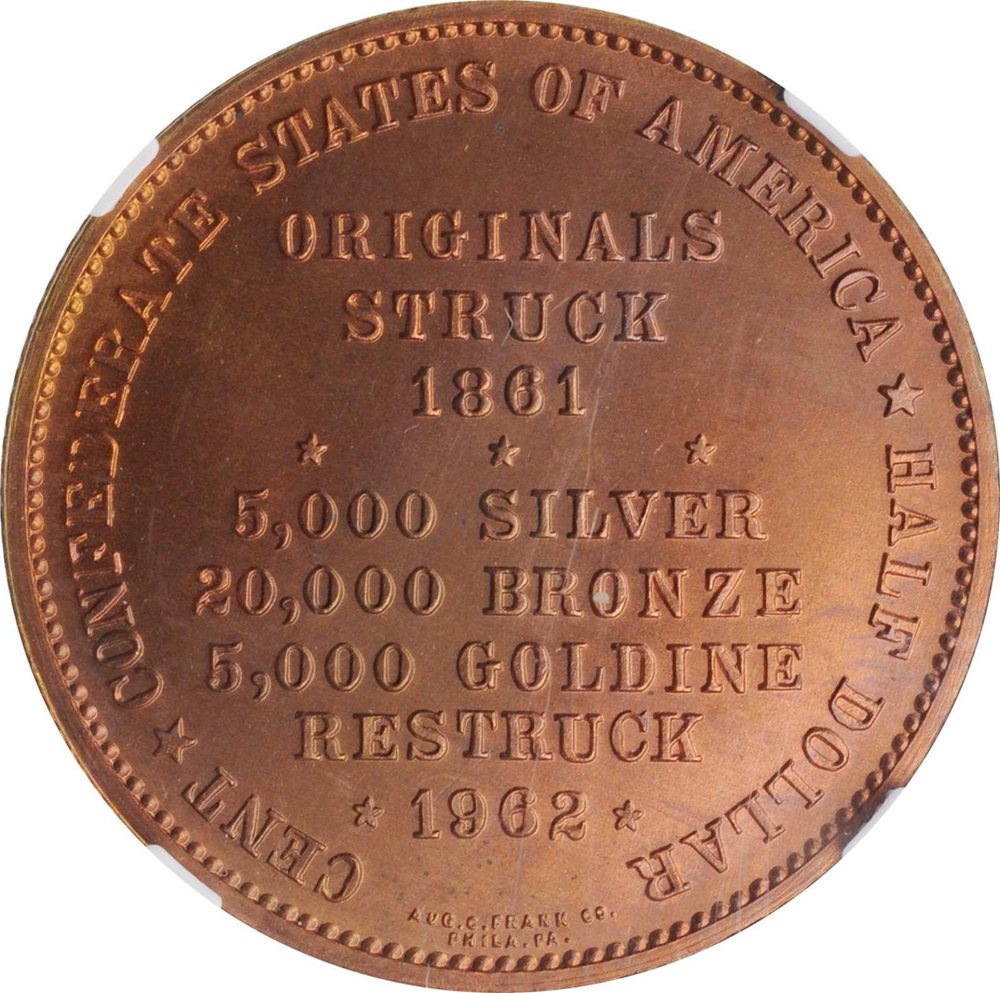 1962 Confederate Half Dollar. Bashlow Restrike. Copper. MS-66 RB