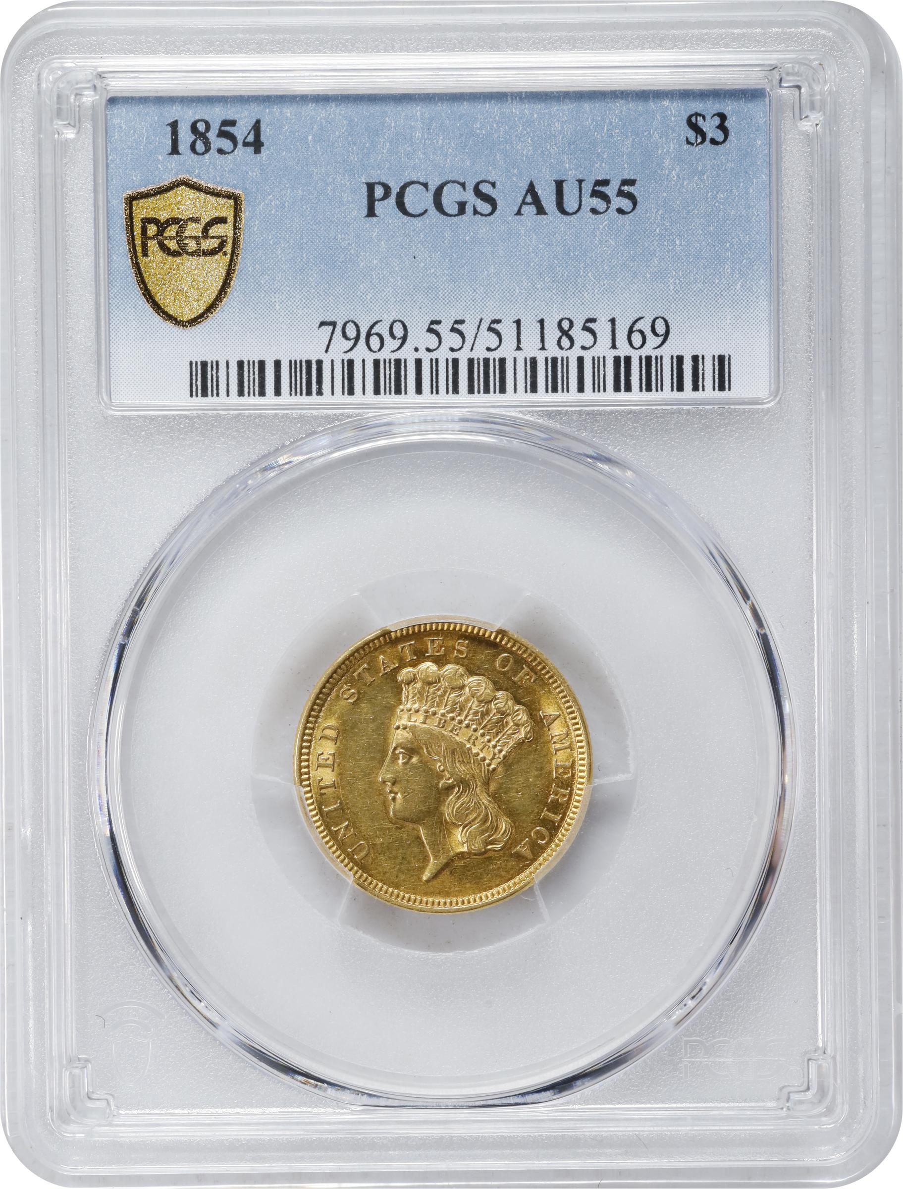 1854 Three-Dollar Gold Piece. AU-55 (PCGS)., AU55 - PCGS Auction