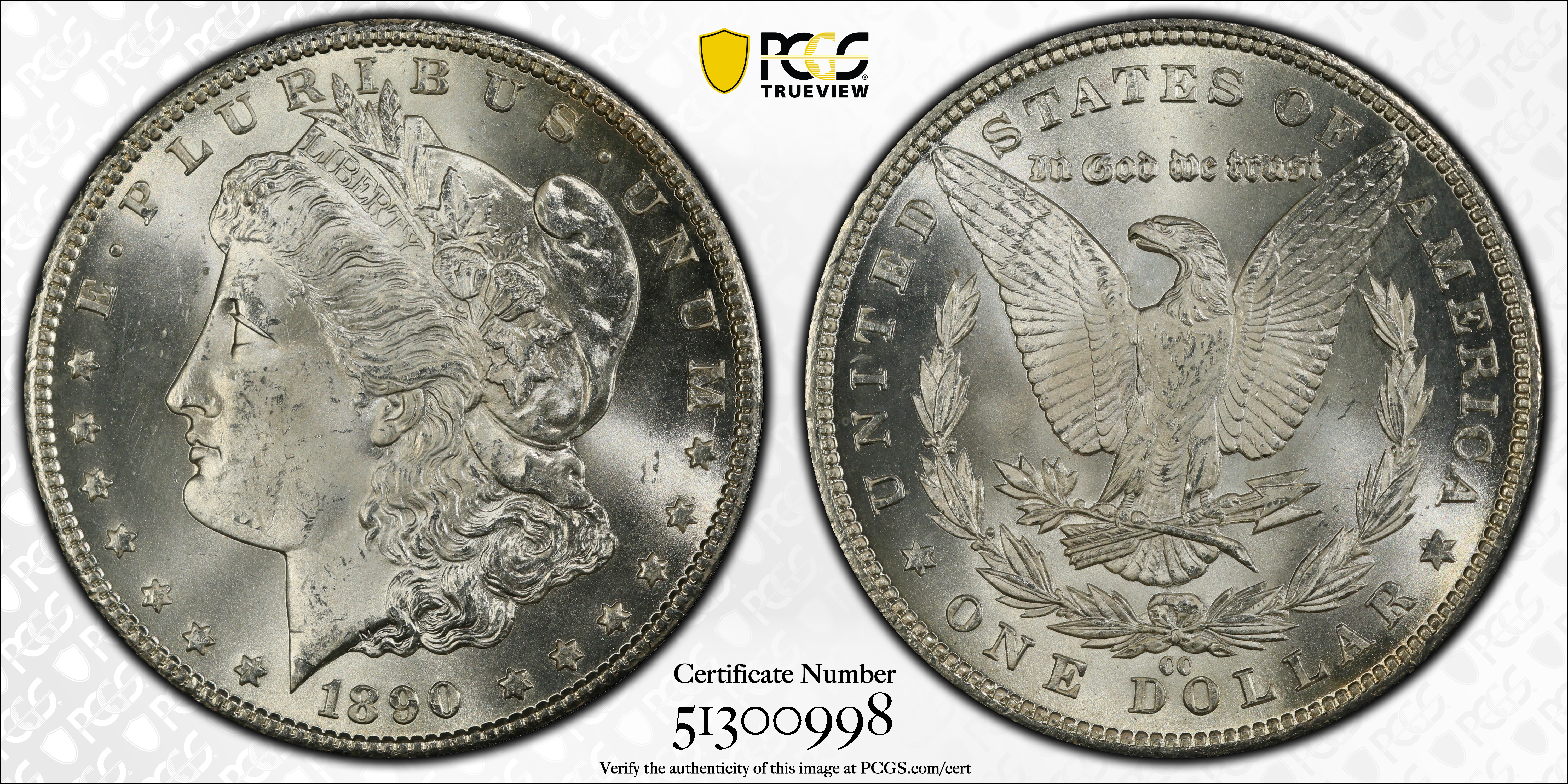 1890-CC Morgan Silver Dollar. MS-65+ (PCGS). CAC., MS65+ - PCGS