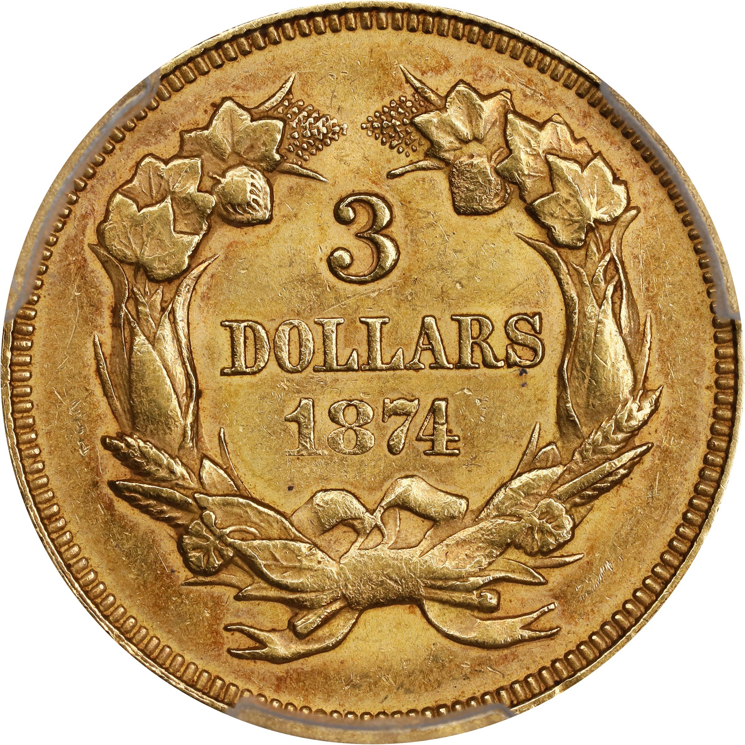1874 Three-Dollar Gold Piece. AU-58 (PCGS)., AU58 - PCGS Auction