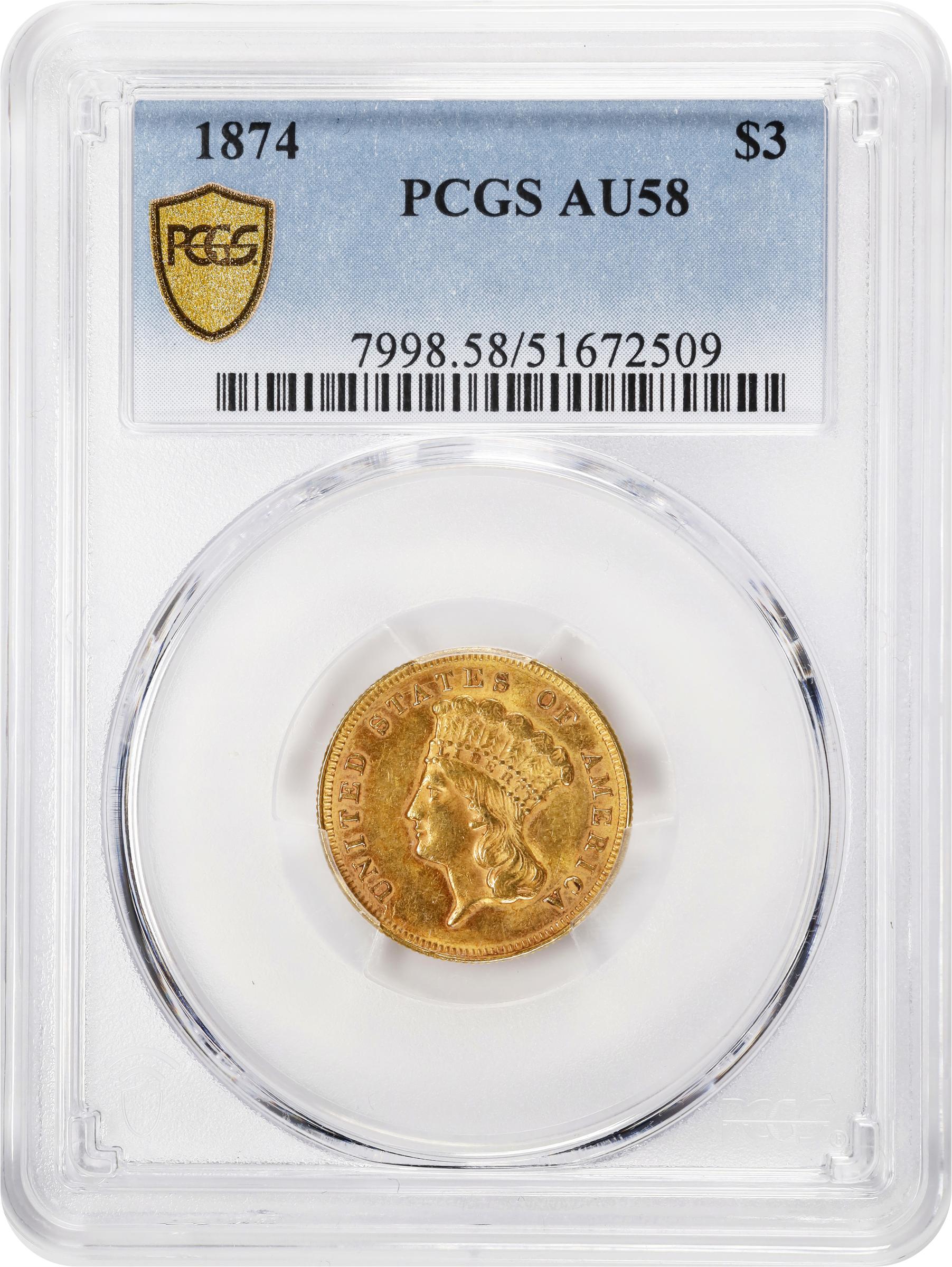 PCGS AU50 プロイセン 5 マーク金貨 (1877年) 1874 Three-Dollar Gold Piece. AU-58 (PCGS)., AU58 - PCGS Auction
