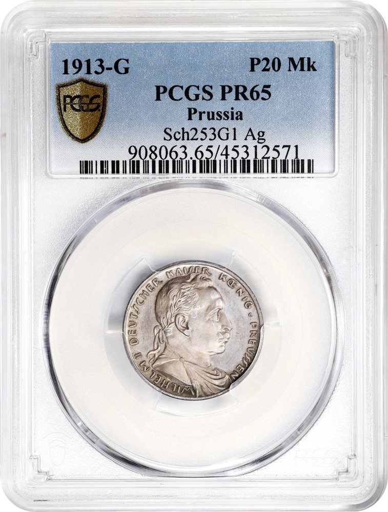 GERMANY. Prussia. Silver 20 Mark Pattern, 1913-G. Munich Mint