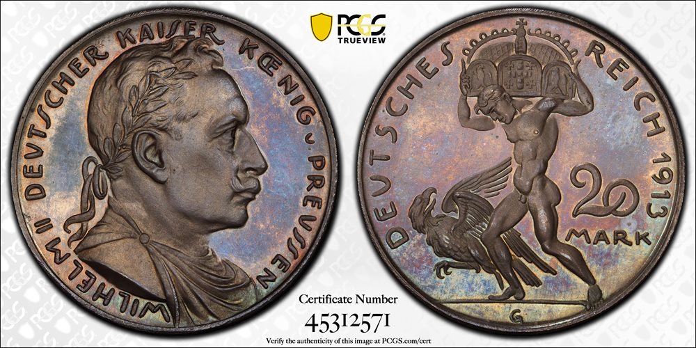 GERMANY. Prussia. Silver 20 Mark Pattern, 1913-G. Munich Mint