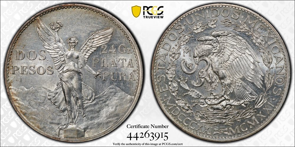 MEXICO. 2 Pesos, 1921-Mo. Mexico City Mint. PCGS AU-58., AU58