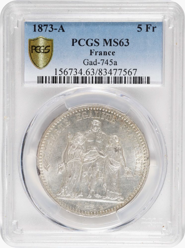『PCGS MS63』フランス第三共和政ヘラクレス５フラン銀貨(1873年)A フランス 第3共和制 5フラン銀貨 ヘラクレス 1873年 | ミスター