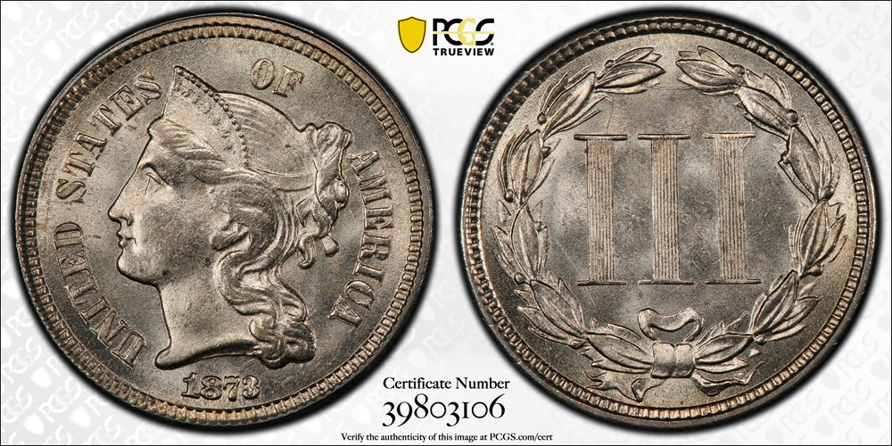 1873 Nickel Three-Cent Piece. Open 3. MS-66+ (PCGS)., MS66+ - PCGS