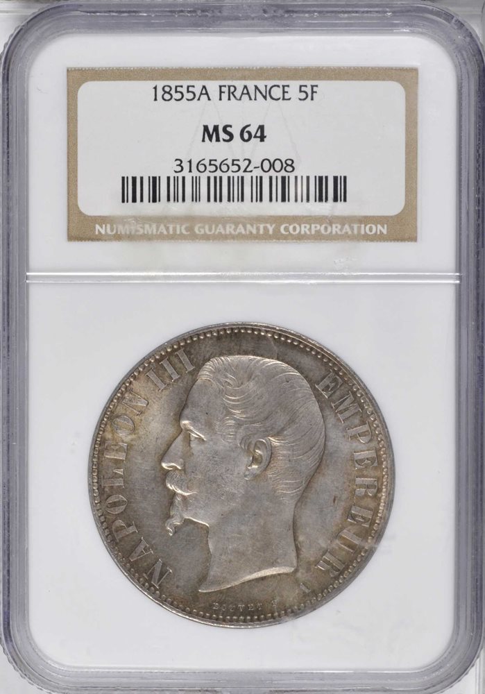 FRANCE. 5 Franc, 1855A. NGC MS-64., SP64 - PCGS Auction Prices