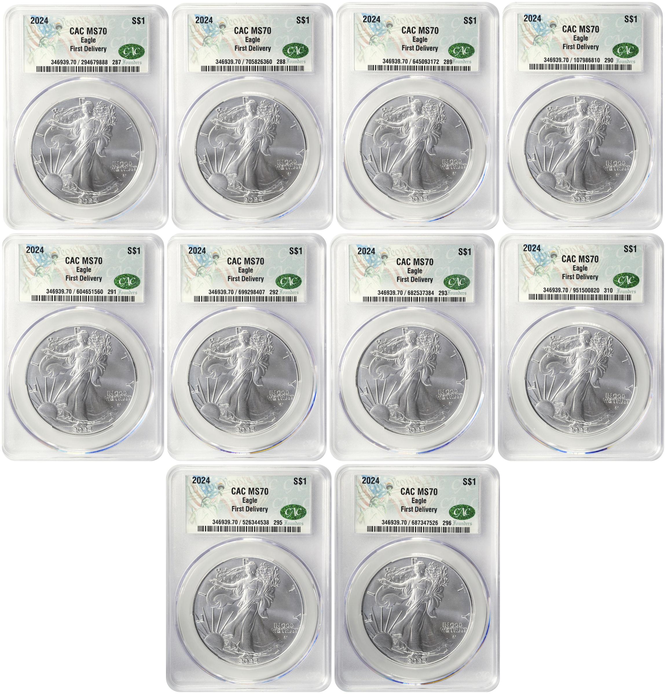 Lot of (10) 2024 Silver Eagles. First Delivery. MS-70 (CACG