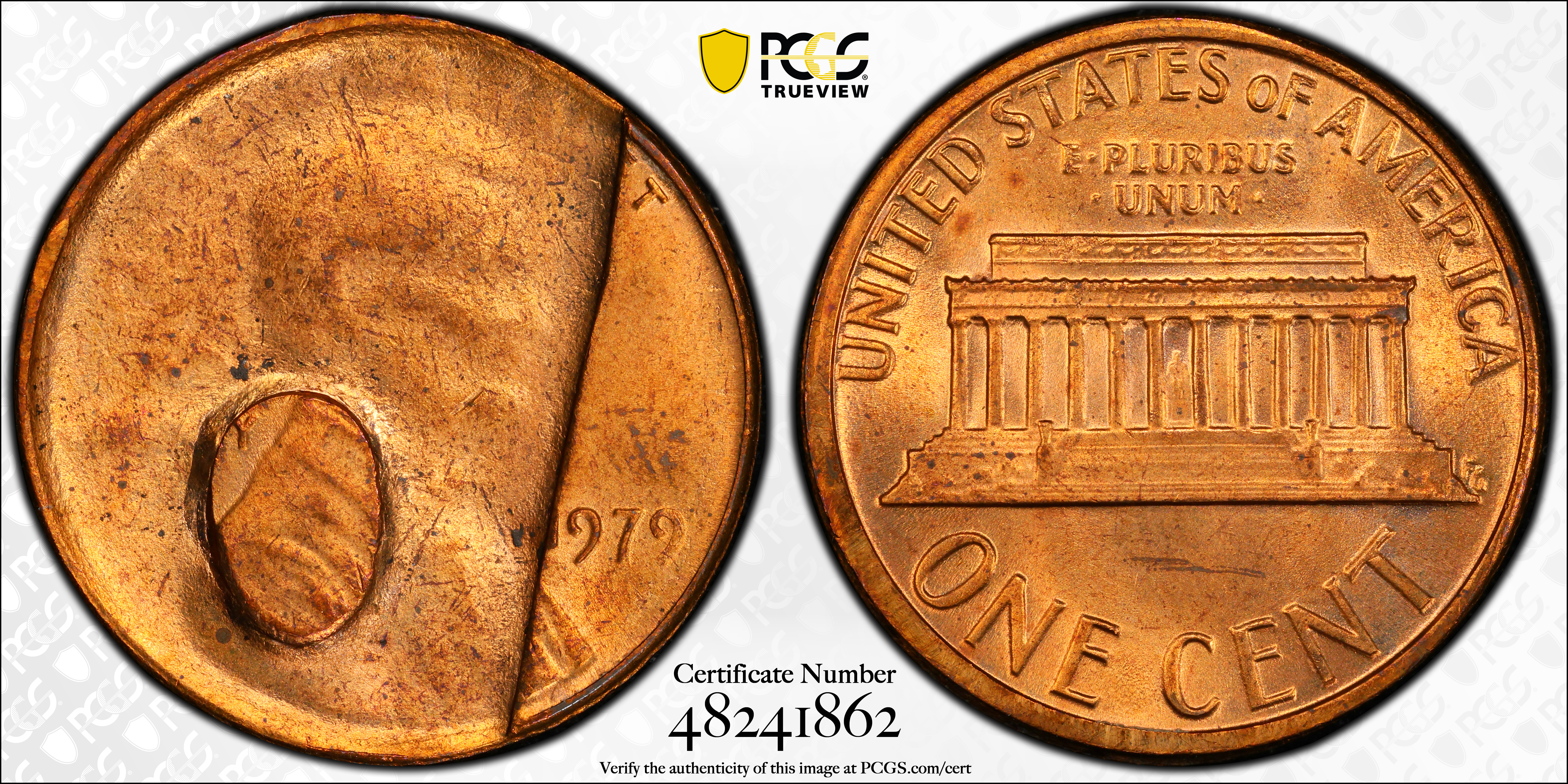 1979 Lincoln Cent. Struck Through Obverse. MS-64 RD (PCGS