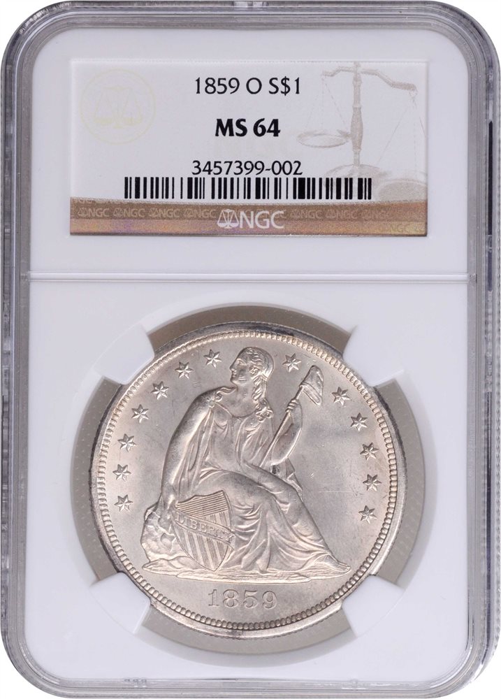 1859-O Liberty Seated Silver Dollar. OC-1. Rarity-1. MS-64 (NGC