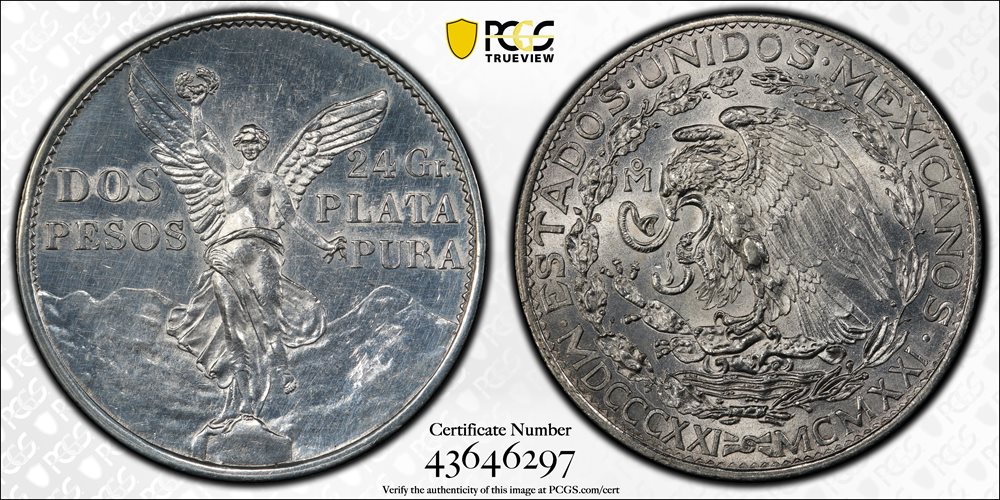 1921-Mo メキシコ 2ペソ銀貨 独立100周年 KM-462 PCGS MEXICO. 2 Pesos, 1921-Mo. Mexico City Mint. PCGS Genuine--Cleaned
