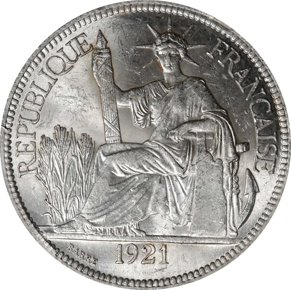 1921-H フランス領インドシナ　ピアストル銀貨　PCGS FRENCH INDO-CHINA. Piastre, 1921-H. Heaton Mint. PCGS MS-63