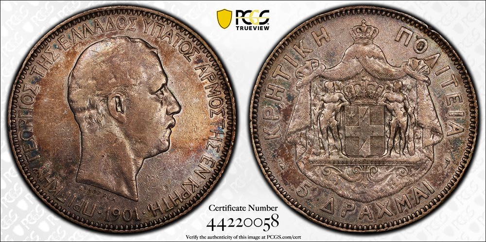 CRETE. 5 Drachmai, 1901. Paris Mint. Prince George. PCGS EF-40