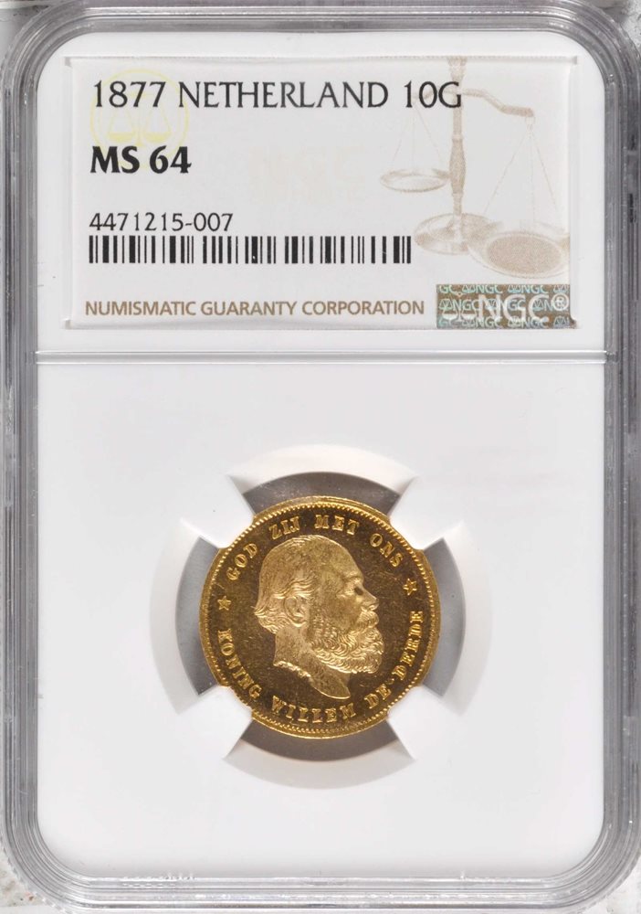 NETHERLANDS. 10 Gulden, 1877. NGC MS-64., MS64 - PCGS Auction Prices