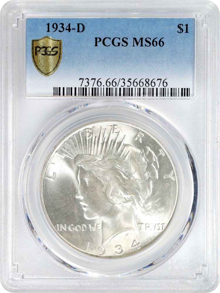 1934-D Peace Silver Dollar. MS-66 (PCGS)., MS66 - PCGS Auction Prices