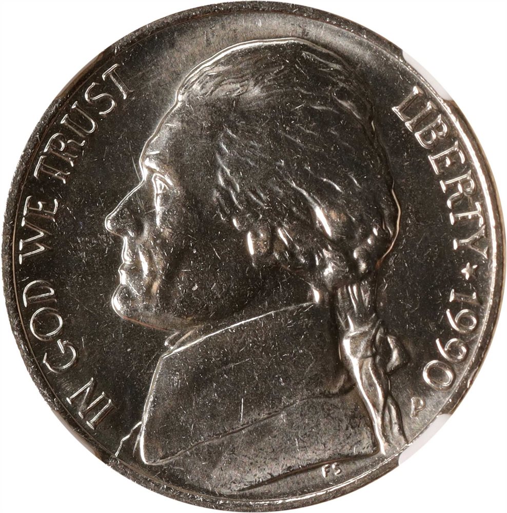 1990-P Jefferson Nickel. Thomas Jefferson Label. MS-67 * 6FS (NGC