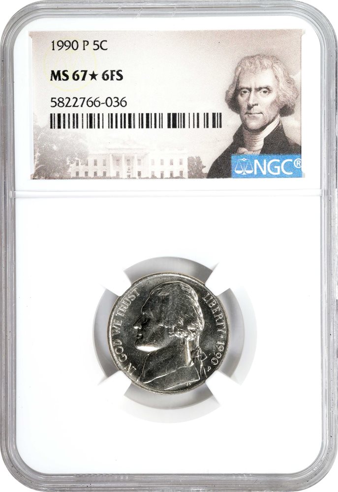1990-P Jefferson Nickel. Thomas Jefferson Label. MS-67 * 6FS (NGC