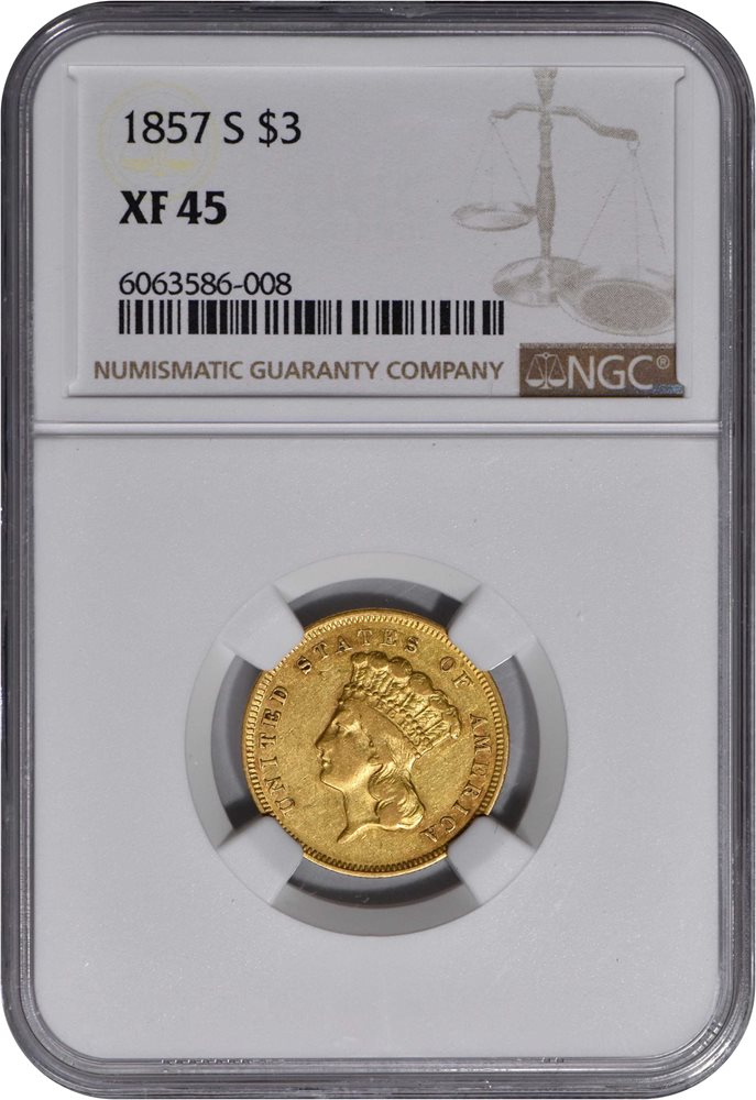 1857-S Three-Dollar Gold Piece. EF-45 (NGC)., XF45 - PCGS Auction